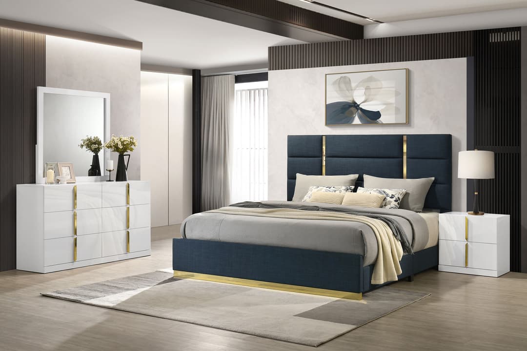 Ines 4-piece Eastern King Bedroom Set Navy and White High Gloss