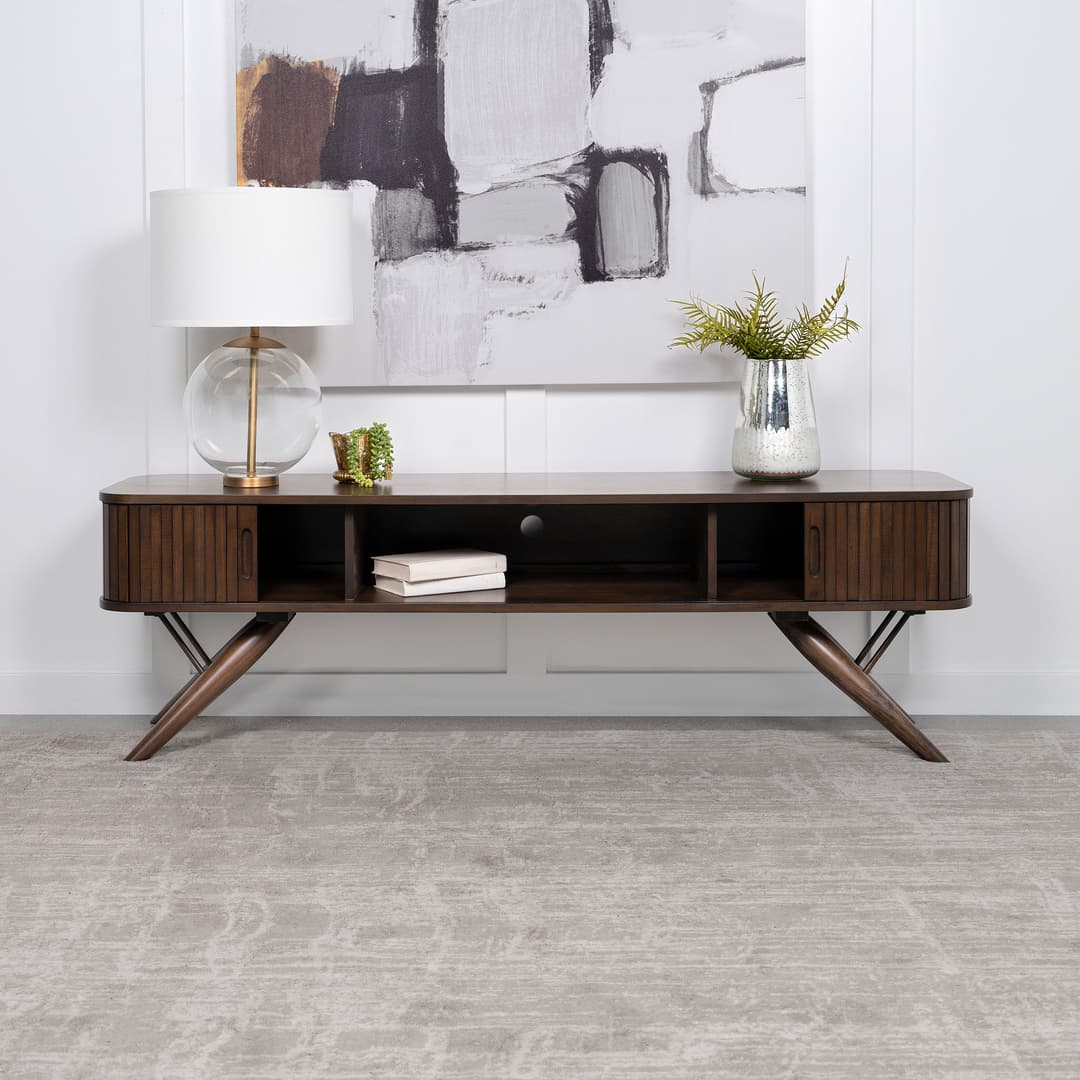 Valna Wood 71-inch TV Stand with Sliding Doors Walnut